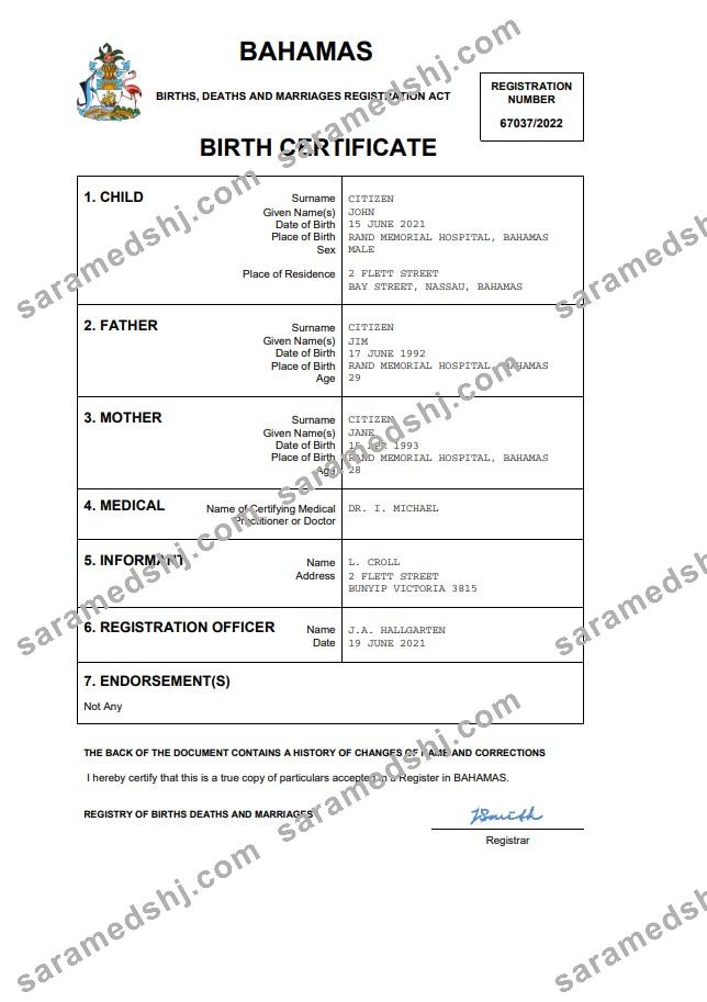 Bahamas vital record birth certificate Word and PDF template